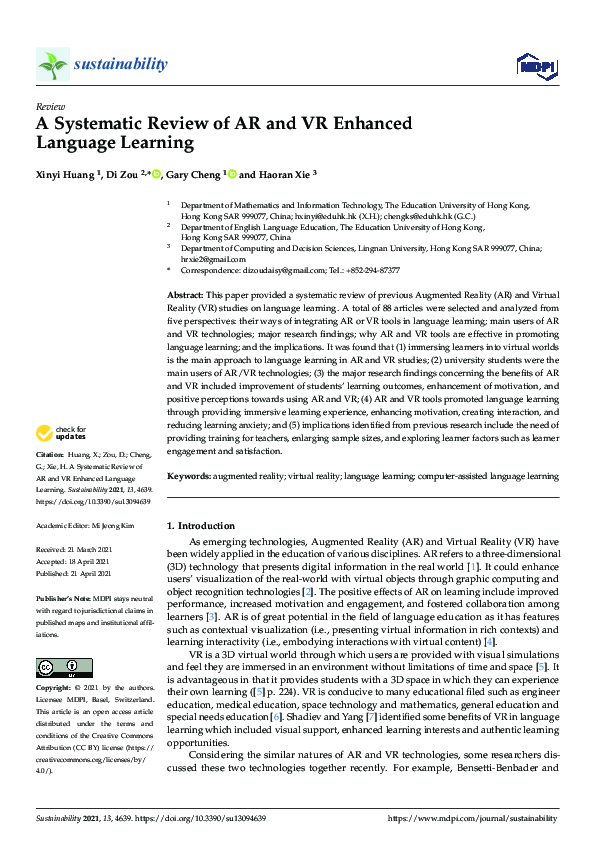 (PDF) A Systematic Review of AR and VR Enhanced Language Learning