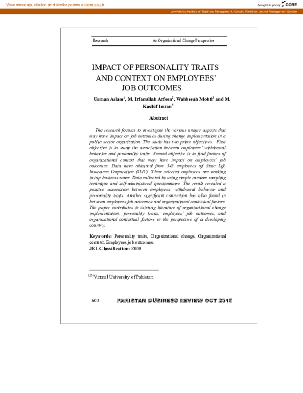 (PDF) Impact of Personality and Organizational Context on Employees ...