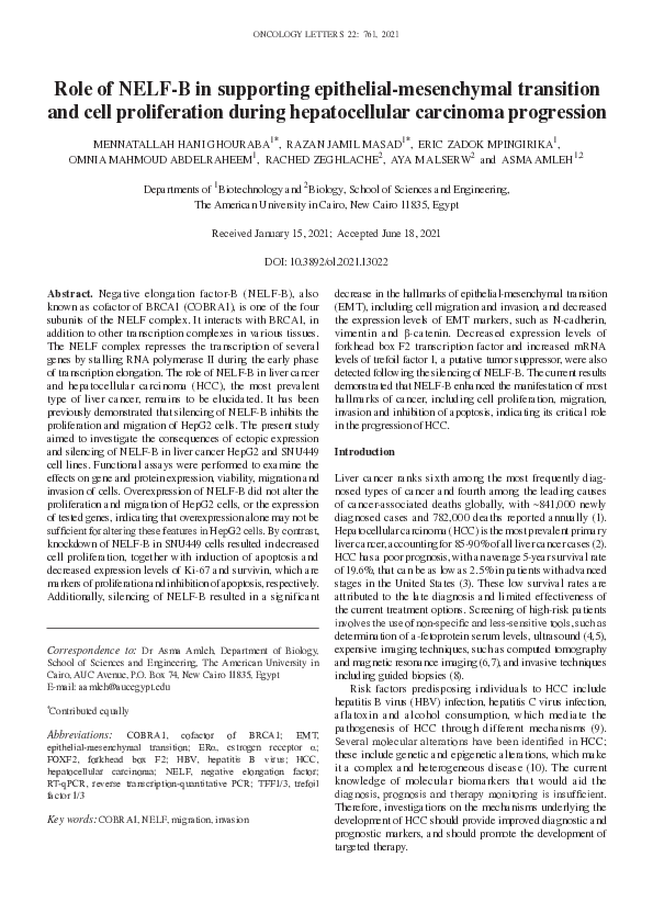 (PDF) Role of NELF‑B in supporting epithelial‑mesenchymal transition ...