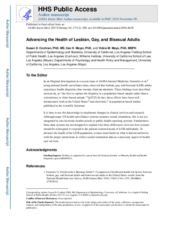 (PDF) Advancing the Health of Lesbian, Gay, and Bisexual Adults