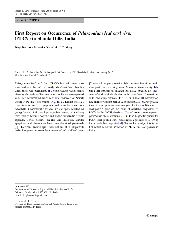 (PDF) First Report on Occurrence of Pelargonium leaf curl virus (PLCV ...