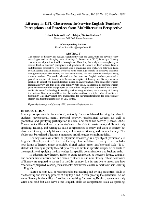 (PDF) Literacy in EFL Classroom: In-Service English Teachers ...