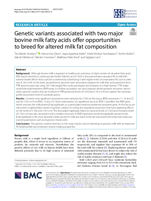 (PDF) Genetic variants associated with two major bovine milk fatty ...