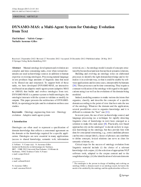 (PDF) DYNAMO-MAS: a Multi-Agent System for Ontology Evolution from Text