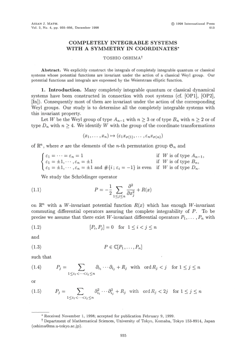 (PDF) Completely integrable systems with a symmetry in coordinates