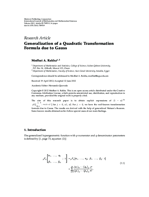 (PDF) Generalization of a Quadratic Transformation Formula due to Gauss