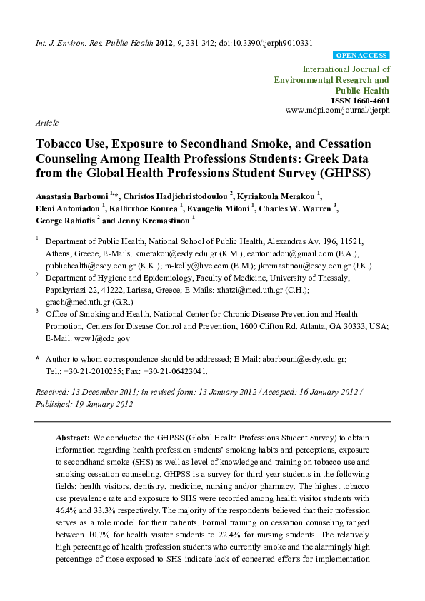 (PDF) Tobacco Use, Exposure to Secondhand Smoke and Cessation Training ...