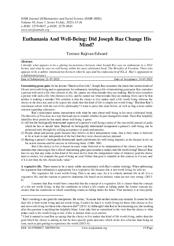 (PDF) Euthanasia And Well-Being: Did Joseph Raz Change His Mind?