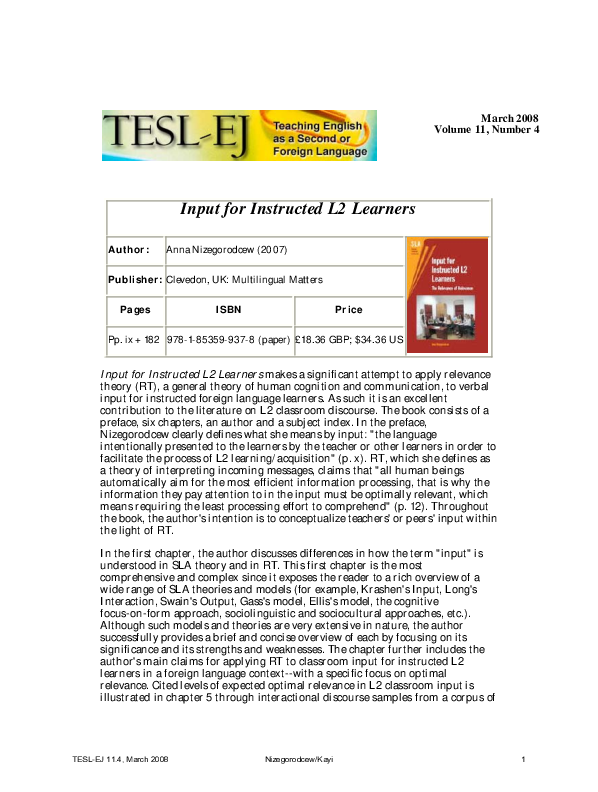 (PDF) Input for Instructed L2 Learners