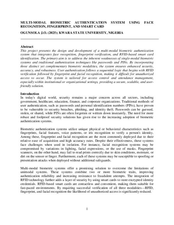(PDF) MULTI-MODAL BIOMETRIC AUTHENTICATION SYSTEM USING FACE ...