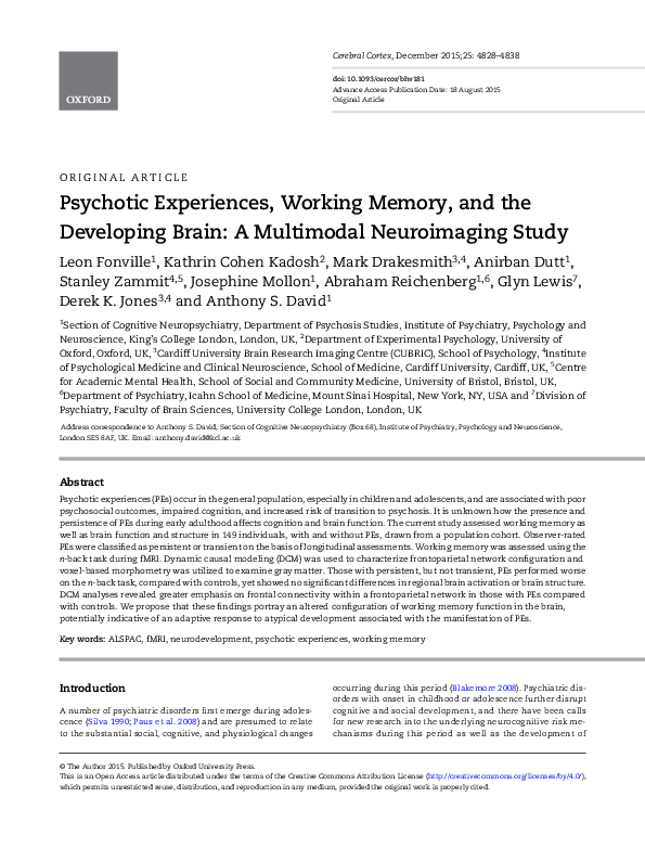 (PDF) Psychotic Experiences, Working Memory, and the Developing Brain ...