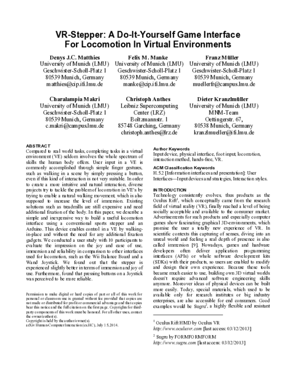 (PDF) VR-Stepper: A Do-It-Yourself Game Interface For Locomotion In ...