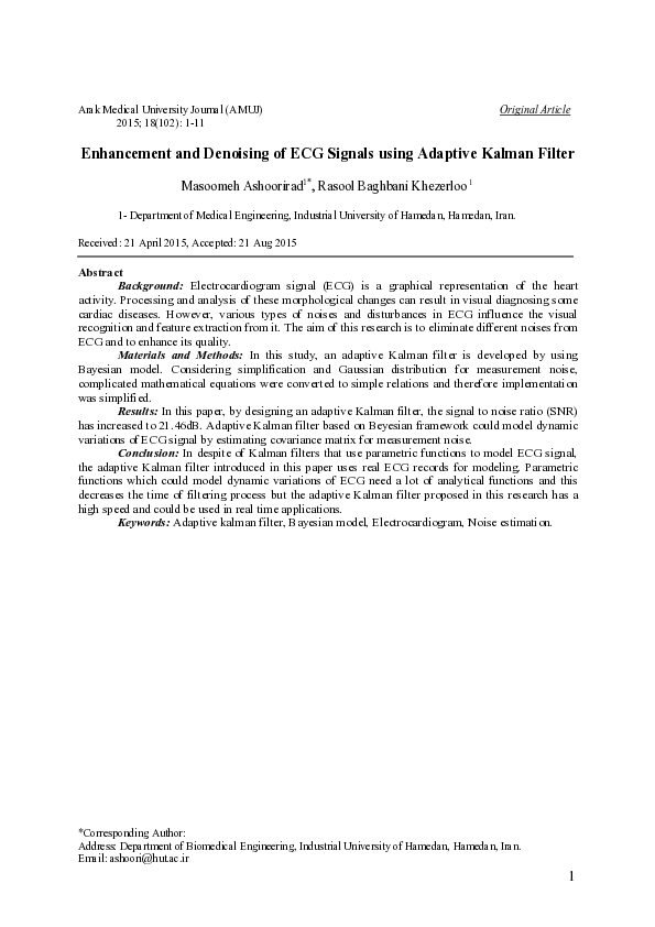 (PDF) Enhancement and Denoising of ECG Signals using Adaptive Kalman Filter