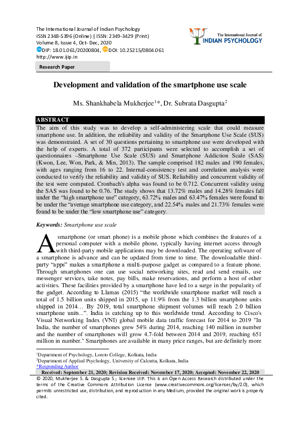 (PDF) Development and validation of the smartphone use scale