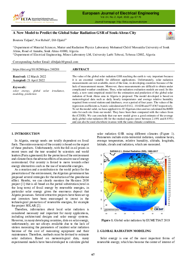 (PDF) A New Model to Predict the Global Solar Radiation GSR of Souk ...