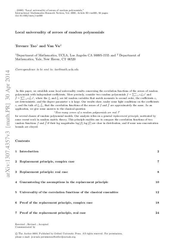 (PDF) Local universality of zeroes of random polynomials