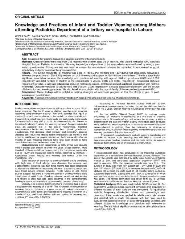 (PDF) Knowledge and Practices of Infant and Toddler Weaning among ...