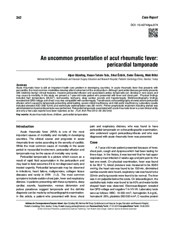 (PDF) An uncommon presentation of acut rheumatic fever: pericardial ...