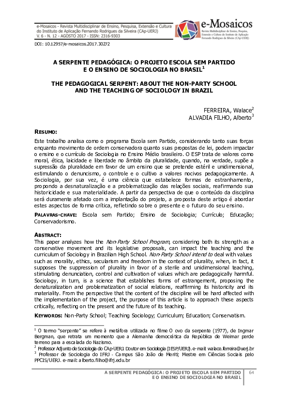 (PDF) A Serpente Pedagógica: O Projeto Escola Sem Partido e O Ensino De ...