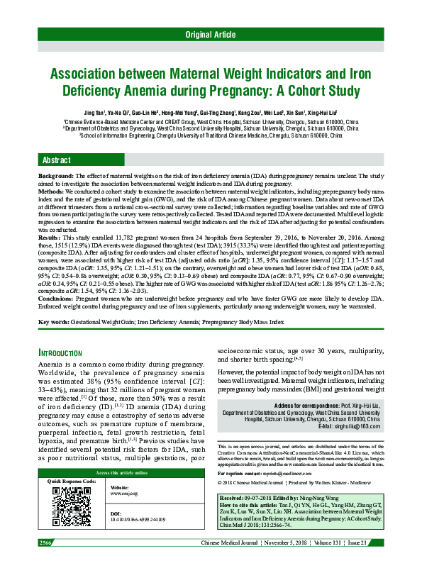 (PDF) Association between Maternal Weight Indicators and Iron ...
