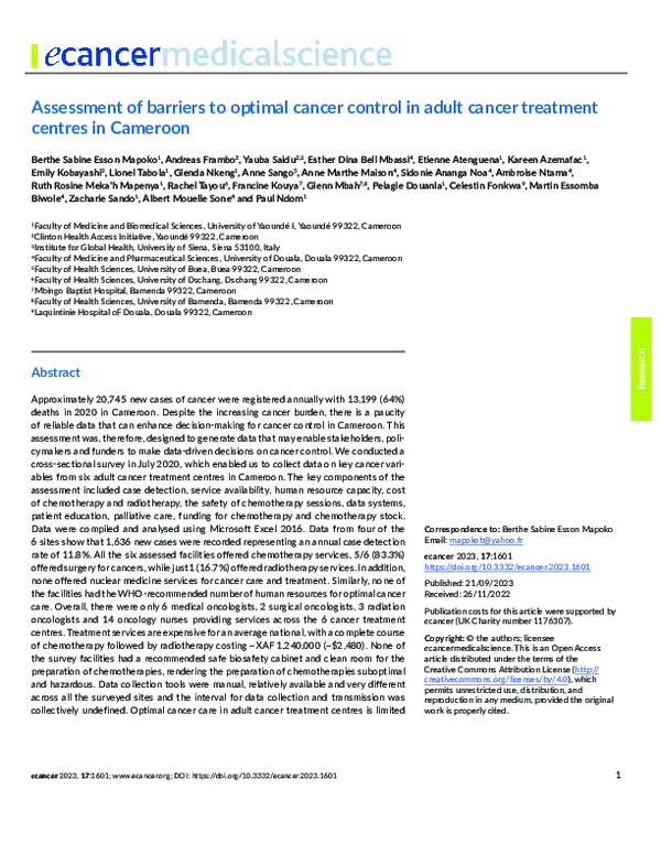 (PDF) Assessment of barriers to optimal cancer control in adult cancer ...