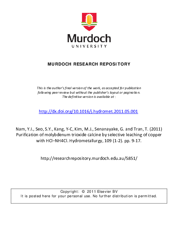 (PDF) Purification of molybdenum trioxide calcine by selective leaching ...