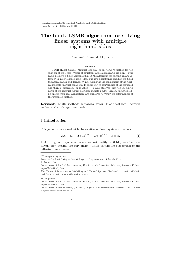 (PDF) The block LSMR algorithm for solving linear systems with multiple ...
