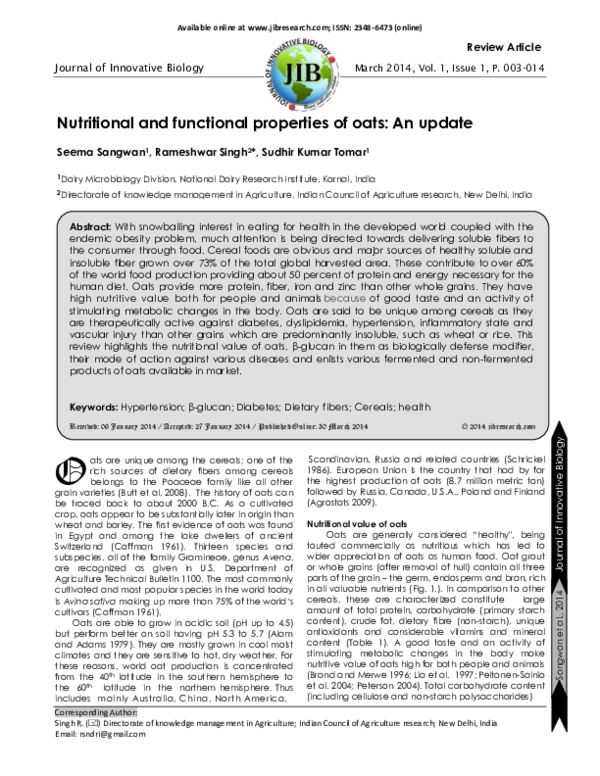 (PDF) Nutritional and functional properties of oats: An update
