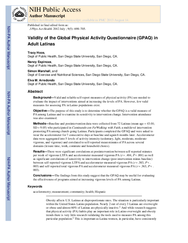 (PDF) Validity of the Global Physical Activity Questionnaire (GPAQ) in ...