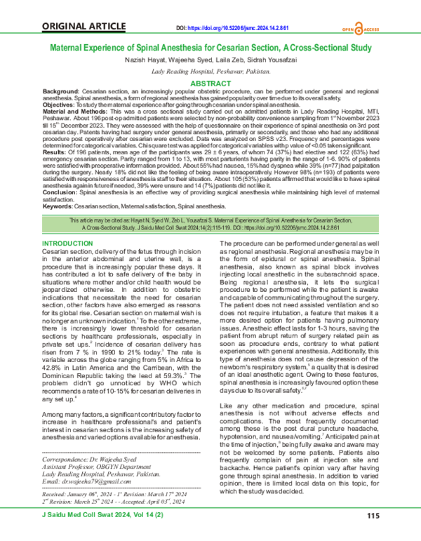 (PDF) Maternal Experience of Spinal Anesthesia for Cesarian Section, A ...
