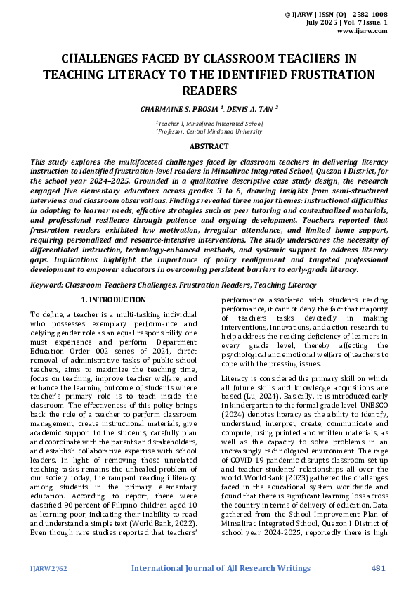 (PDF) CHALLENGES FACED BY CLASSROOM TEACHERS IN TEACHING LITERACY TO ...