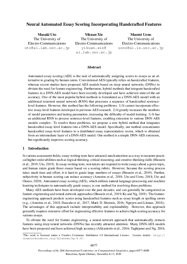 (PDF) Neural Automated Essay Scoring Incorporating Handcrafted Features