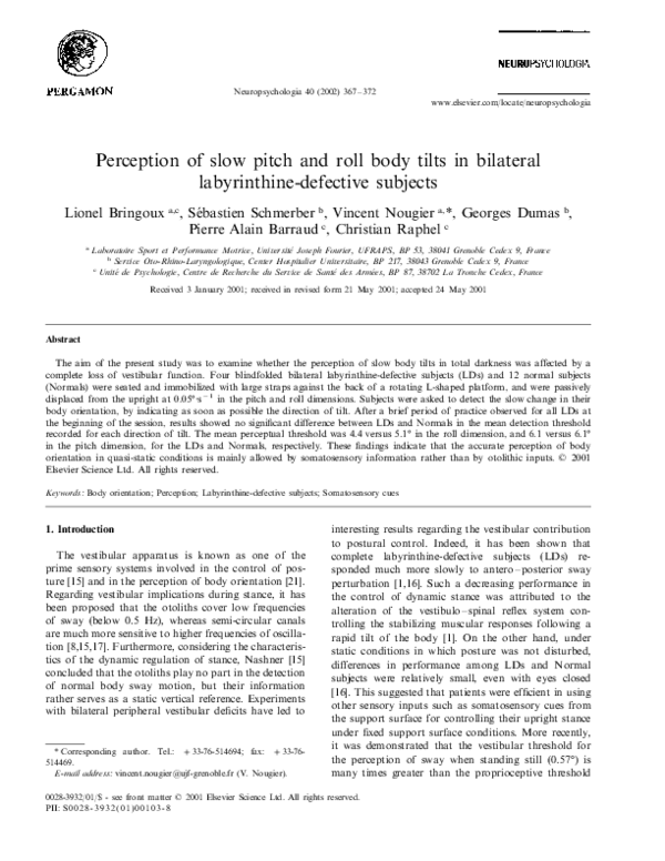 (PDF) Perception of slow pitch and roll body tilts in bilateral ...