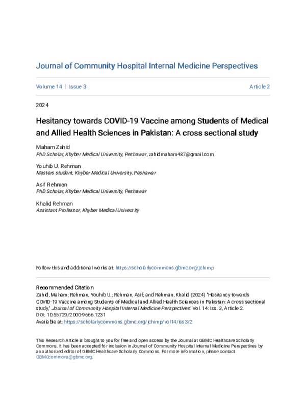 (PDF) Hesitancy towards COVID-19 Vaccine among Students of Medical and ...