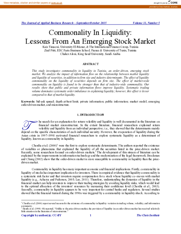 (PDF) Commonality In Liquidity: Lessons From An Emerging Stock Market