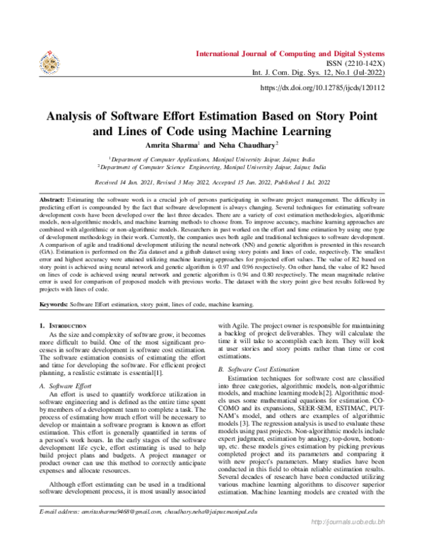 (PDF) Analysis of Software Effort Estimation Based on Story Point and ...