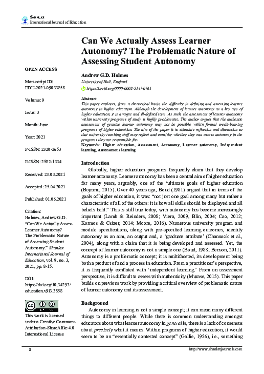 (PDF) Can We Actually Assess Learner Autonomy? The Problematic Nature ...