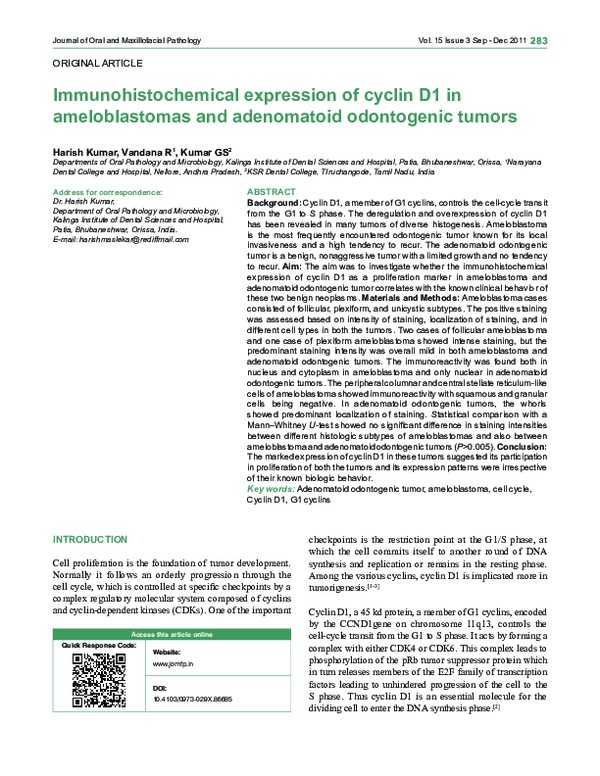 (PDF) Immunohistochemical expression of cyclin D1 in ameloblastomas and ...