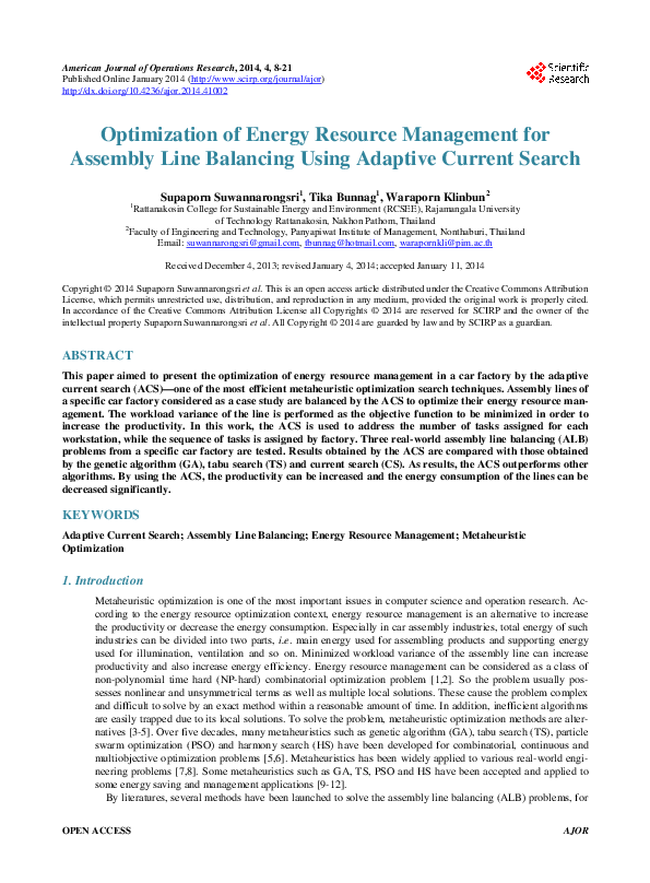 (PDF) Optimization of Energy Resource Management for Assembly Line ...