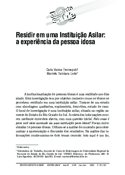 (PDF) RESIDIR EM UMA INSTITUIÇÃO ASILAR: a Experiência da Pessoa Idosa
