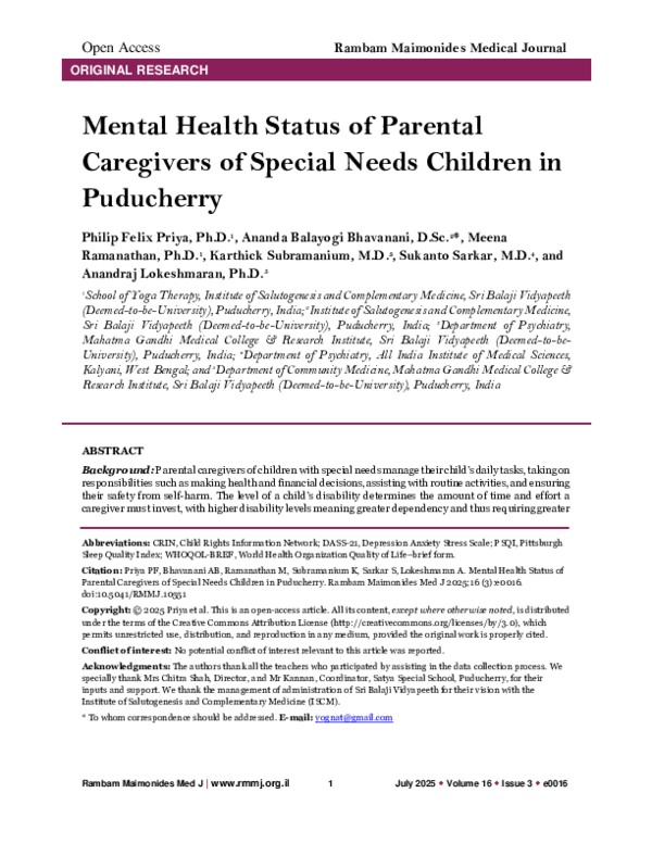 (PDF) Mental Health Status of Parental Caregivers of Special Needs ...