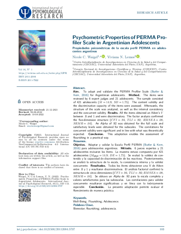 (PDF) Psychometric Properties of PERMA Profiler Scale in Argentinian ...