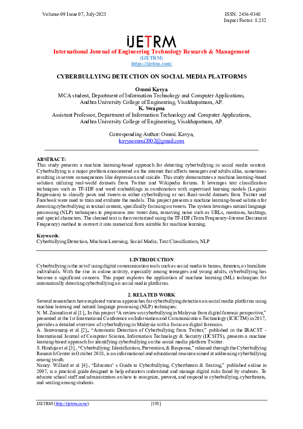 (PDF) CYBERBULLYING DETECTION ON SOCIAL MEDIA PLATFORMS