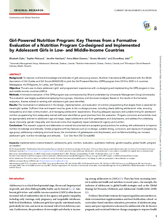 (PDF) Girl-Powered Nutrition Program: Key Themes from a Formative ...