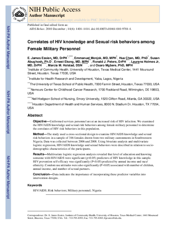 (PDF) Correlates of HIV Knowledge and Sexual Risk Behaviors Among ...