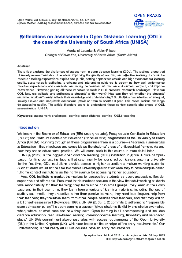 (PDF) Reflections on assessment in Open Distance Learning (ODL): the ...