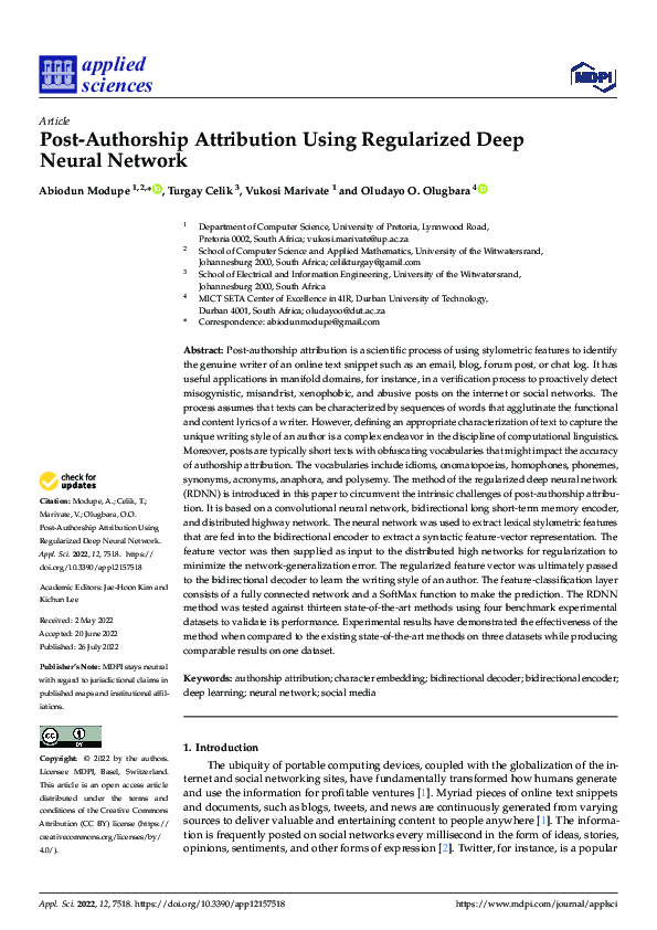 (PDF) Post-Authorship Attribution Using Regularized Deep Neural Network