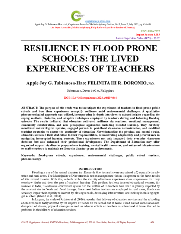 (PDF) RESILIENCE IN FLOOD PRONE SCHOOLS: THE LIVED EXPERIENCES OF TEACHERS