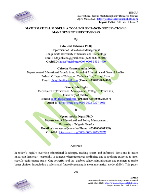 (PDF) MATHEMATICAL MODELS: A TOOL FOR ENHANCING EDUCATIONAL MANAGEMENT ...