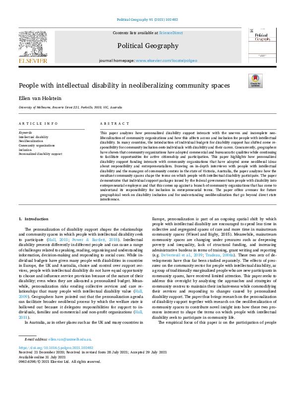 (PDF) People with intellectual disability in neoliberalizing community ...